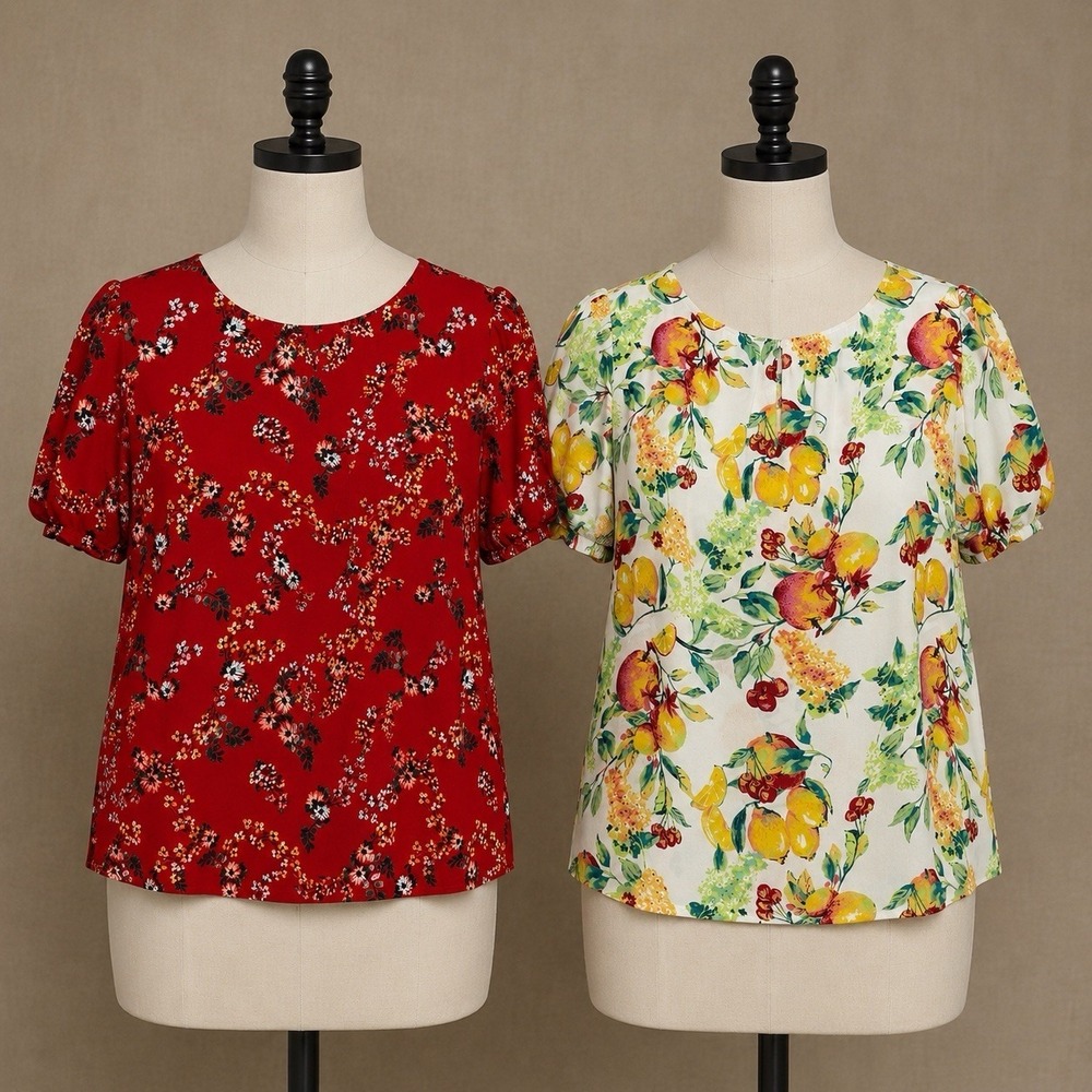 Lot Of Two Lauren Conrad Short Sleeve Blouse Size Small Fruit Print Red Floral